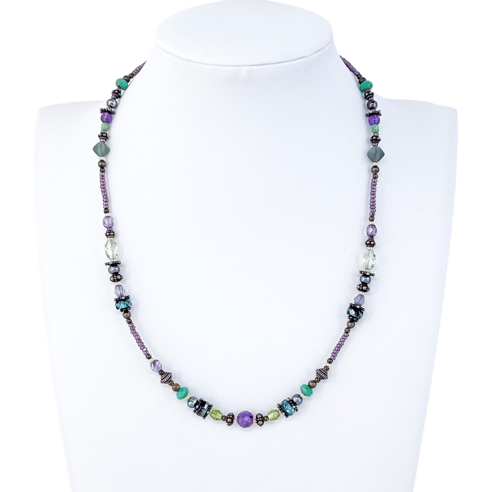 Vintage Sterling Silver 925 Multi-Gemstone Beaded Necklace 16.25″