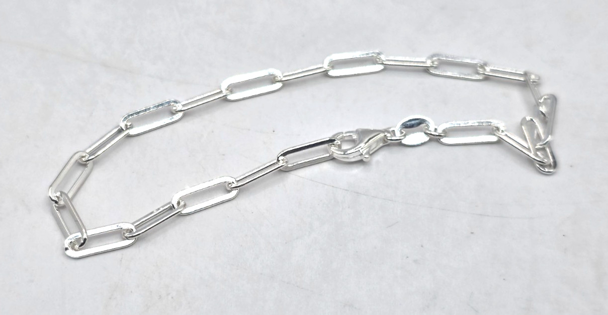 Sterling Silver Paper Clip Chain Bracelet 3.2 mm Size 6.75 Adjustable Italy NWOT