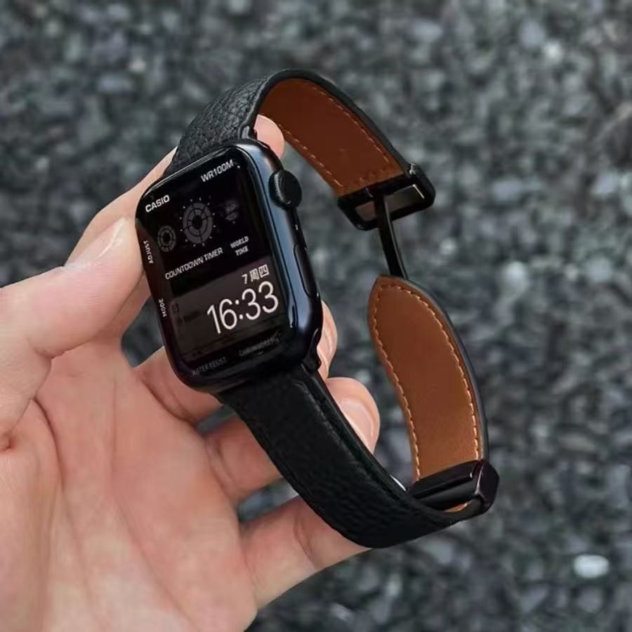 For Apple Watch S1-11/Ultra/SE Litchi Pattern Leather Magnetic Buckle Strap