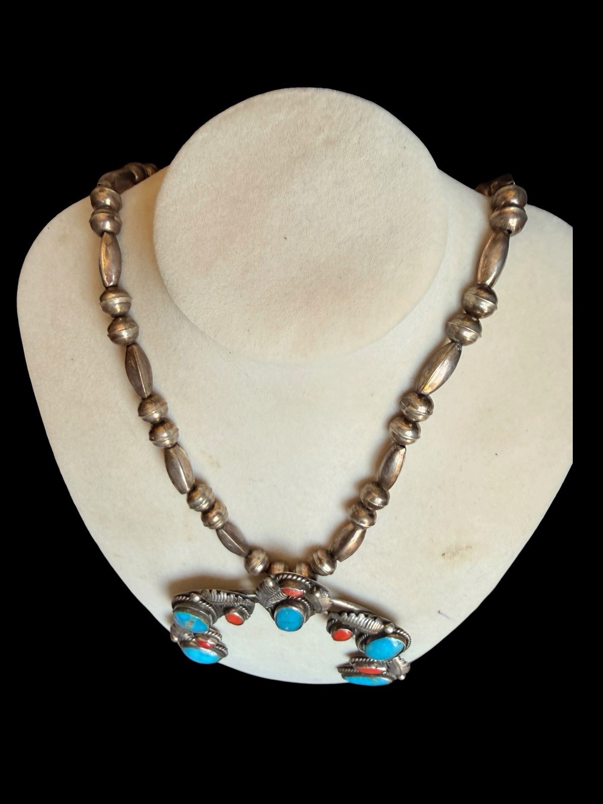 Vintage Southwest Sterling Silver Beads W/ Turquoise & Coral Naja Pendant