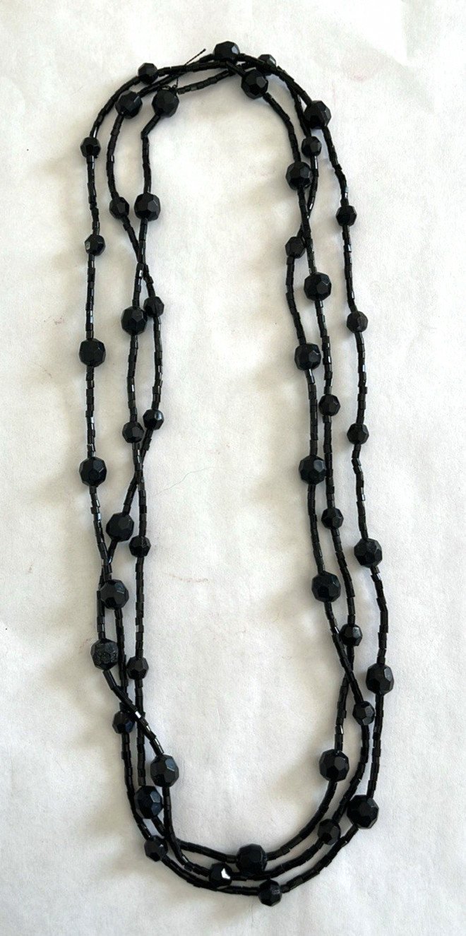 Super Long Wrap Around Black Beaded Necklace 60″ Faceted Beads & Tube Beads