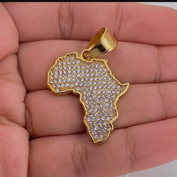Men’s Iced Out 14k Gold Plated Africa Map Pendant 24″ Rope Chain Necklace 1126 G