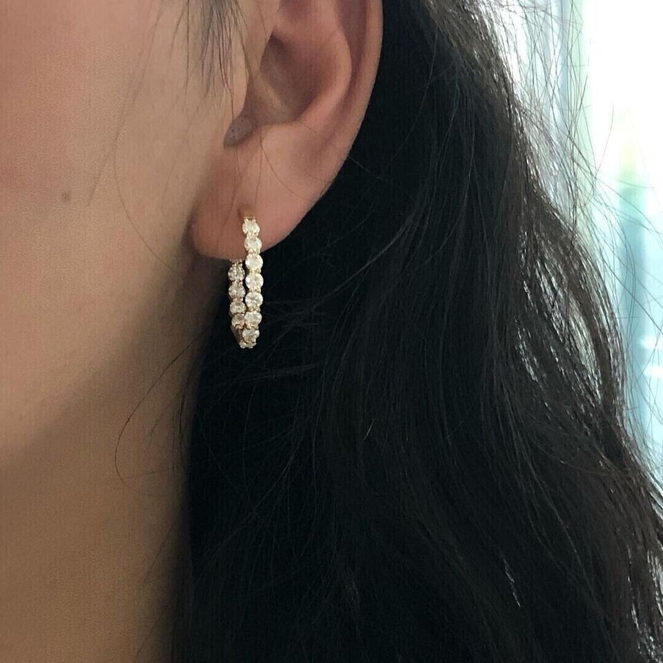 Inside Outside Hoop Earrings Round Simulated Diamond In 14K Yellow Gold Plated