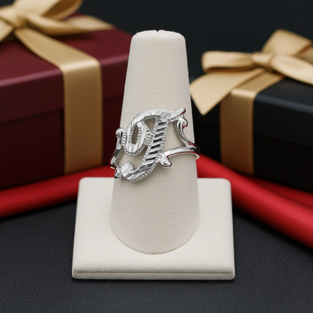 Elegant Sterling Silver Sparkle-Cut Cursive Letter Initial Script Ring for Women
