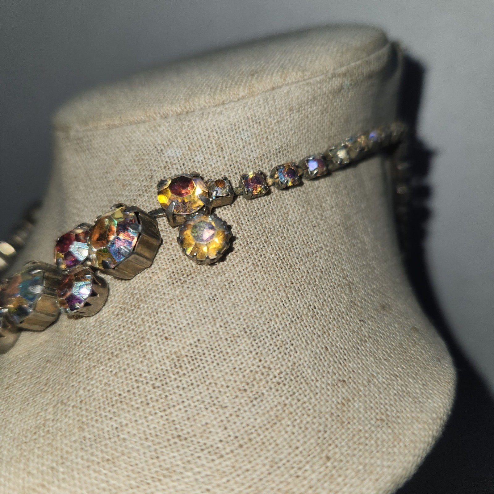 Vintage Aurora Borealis Rhinestone Choker Necklace Silver Tone J-Hook 15.5 Inch
