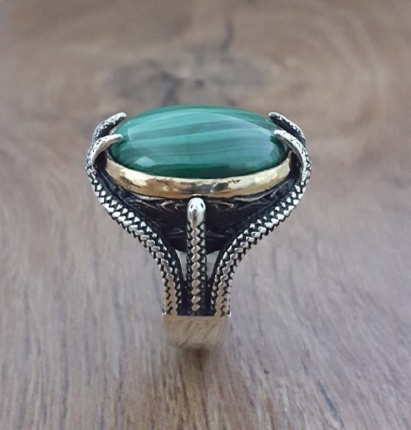 Solid 925 Sterling Silver Natural Green Malachite Gemstone Men’s Unisex Ring