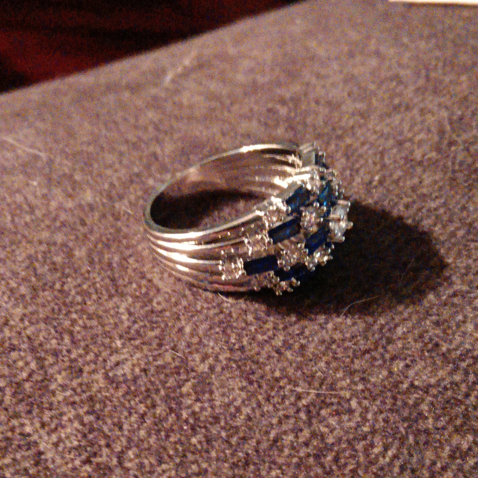 Silver Blue & Clear Baguette Sapphire Stone Multi-Row Cluster Cocktail Ring 9.5