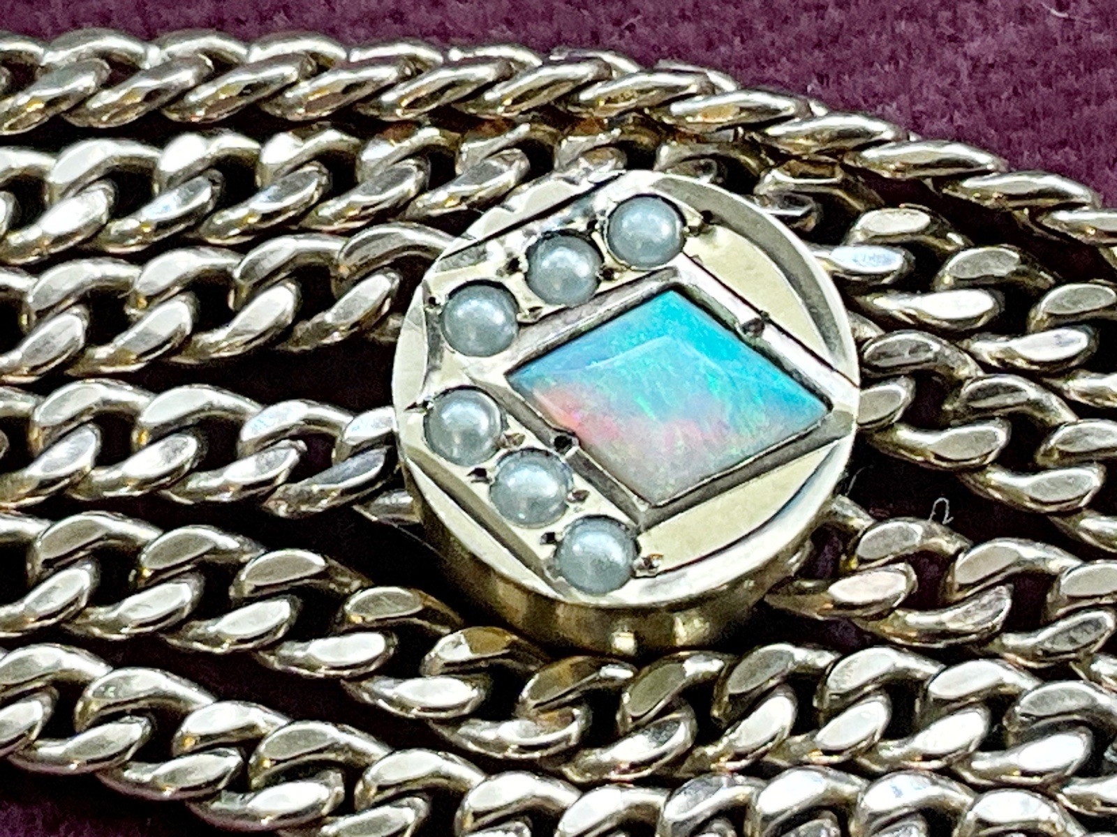 Antique Gold Filled Slide & Chain for Watch, Locket, Pendant with Opal & Pearls