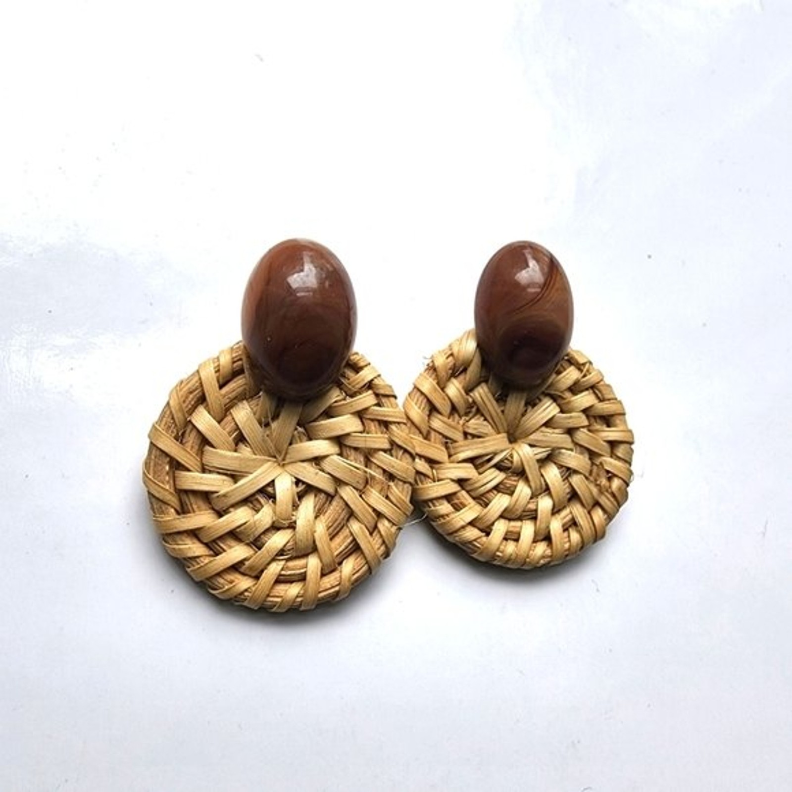 Wicker woven brown and tan post earrings, boho chic, modern, contemporary,
