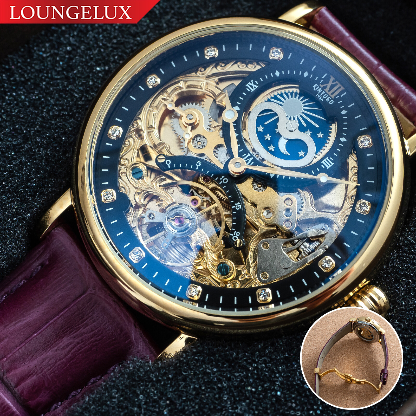Mens Gold Dual Time Flywheel Automatic Mechanical Watch Black Purple Leather