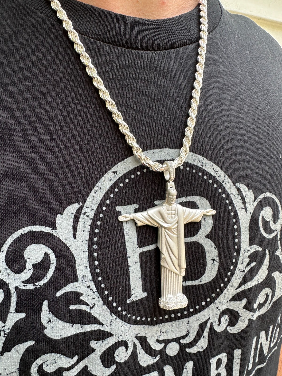 MOISSANITE Christ The Redeemer 925 Silver/ Yellow Rose Gold Necklace Jesus Piece