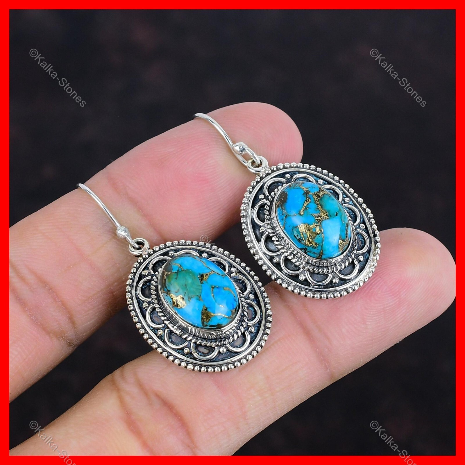 Sterling Silver Natural Copper Blue Turquoise Dangle Drop Hook Earrings Jewelry