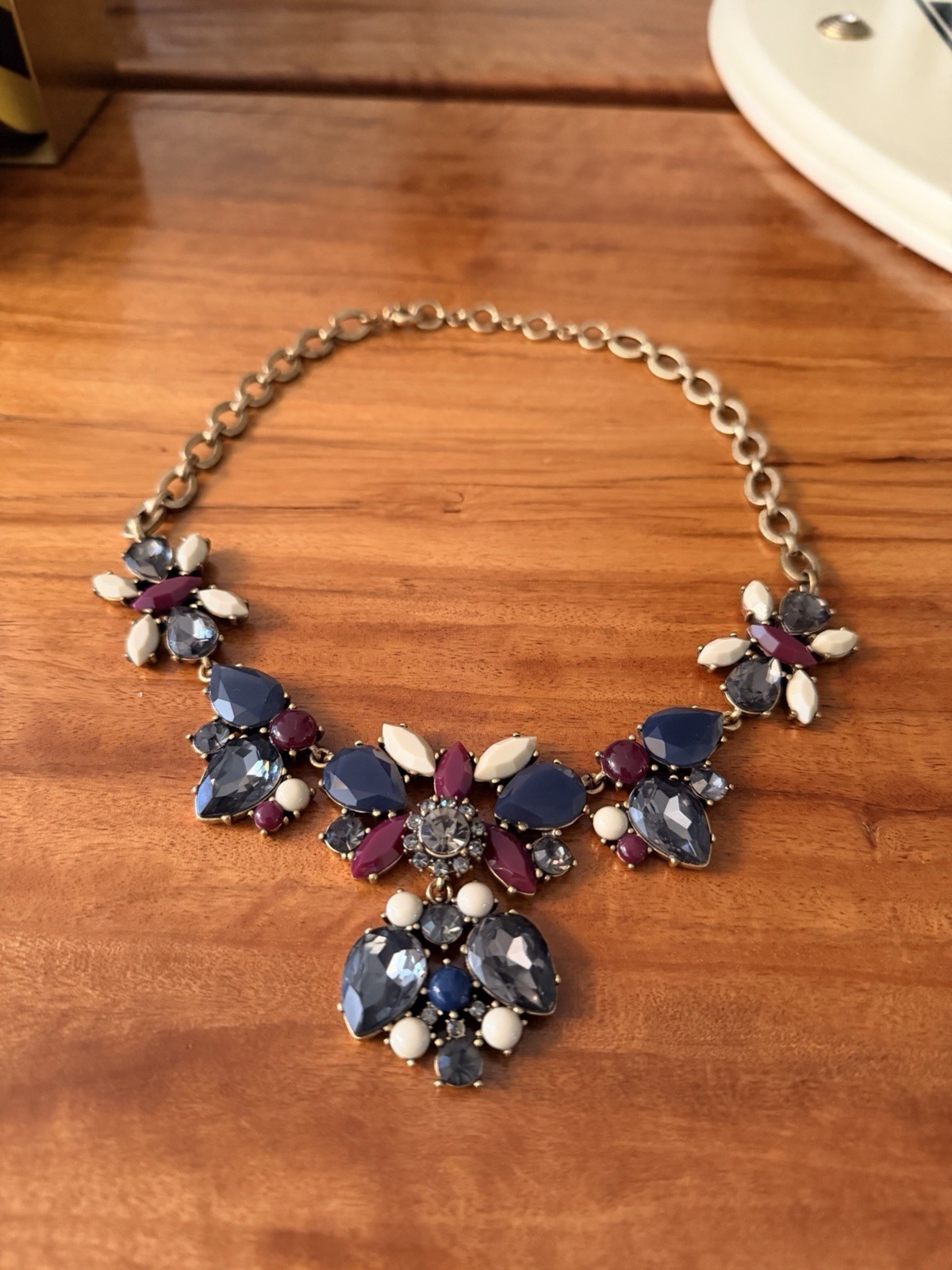 J.Crew Statement Bib Necklace Navy Burgundy Gray Crystal Gold Tone NWOT