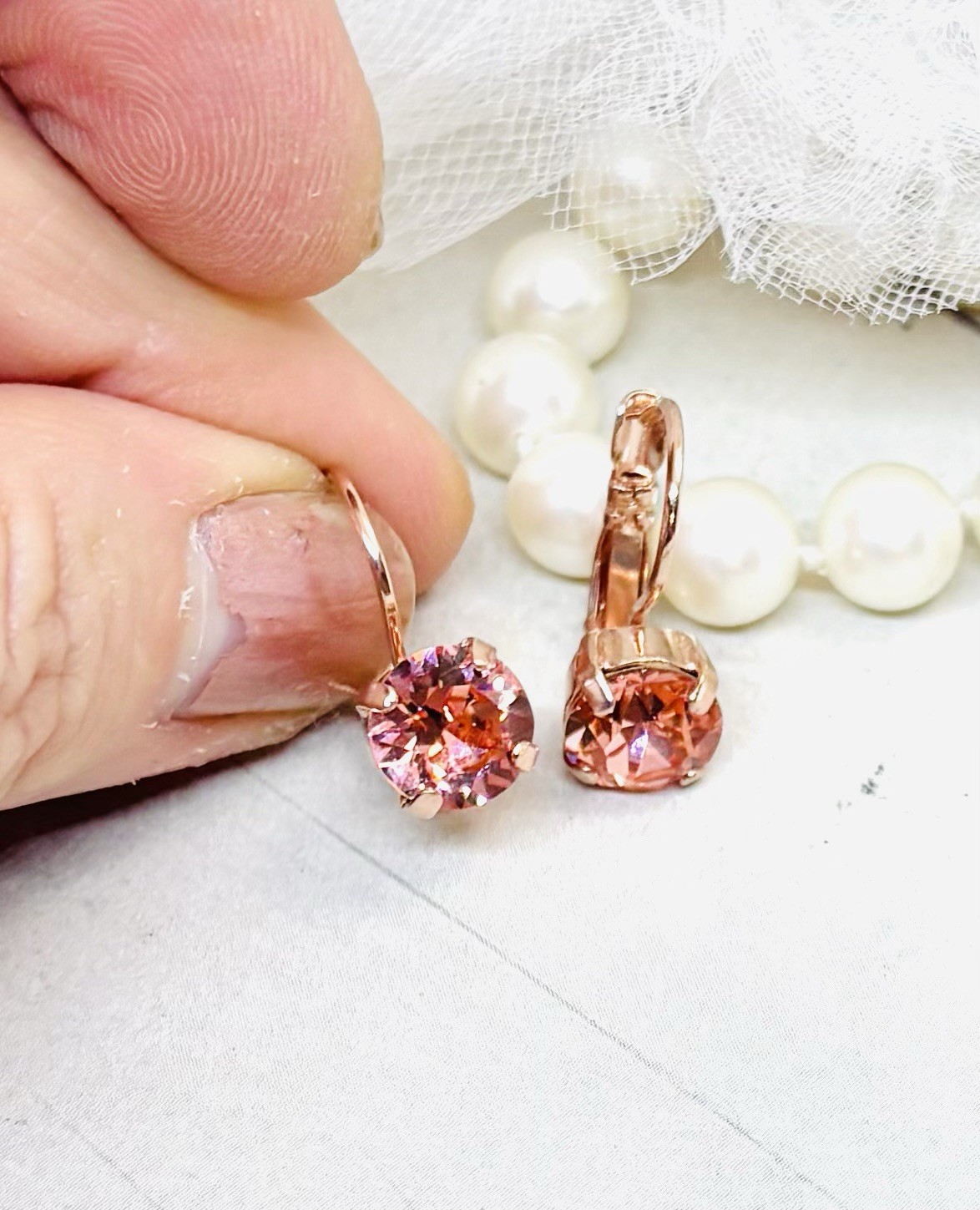 Rose Gold Plated Rose Peach Cup Chain Drop Earrings made with Austrian Crystals