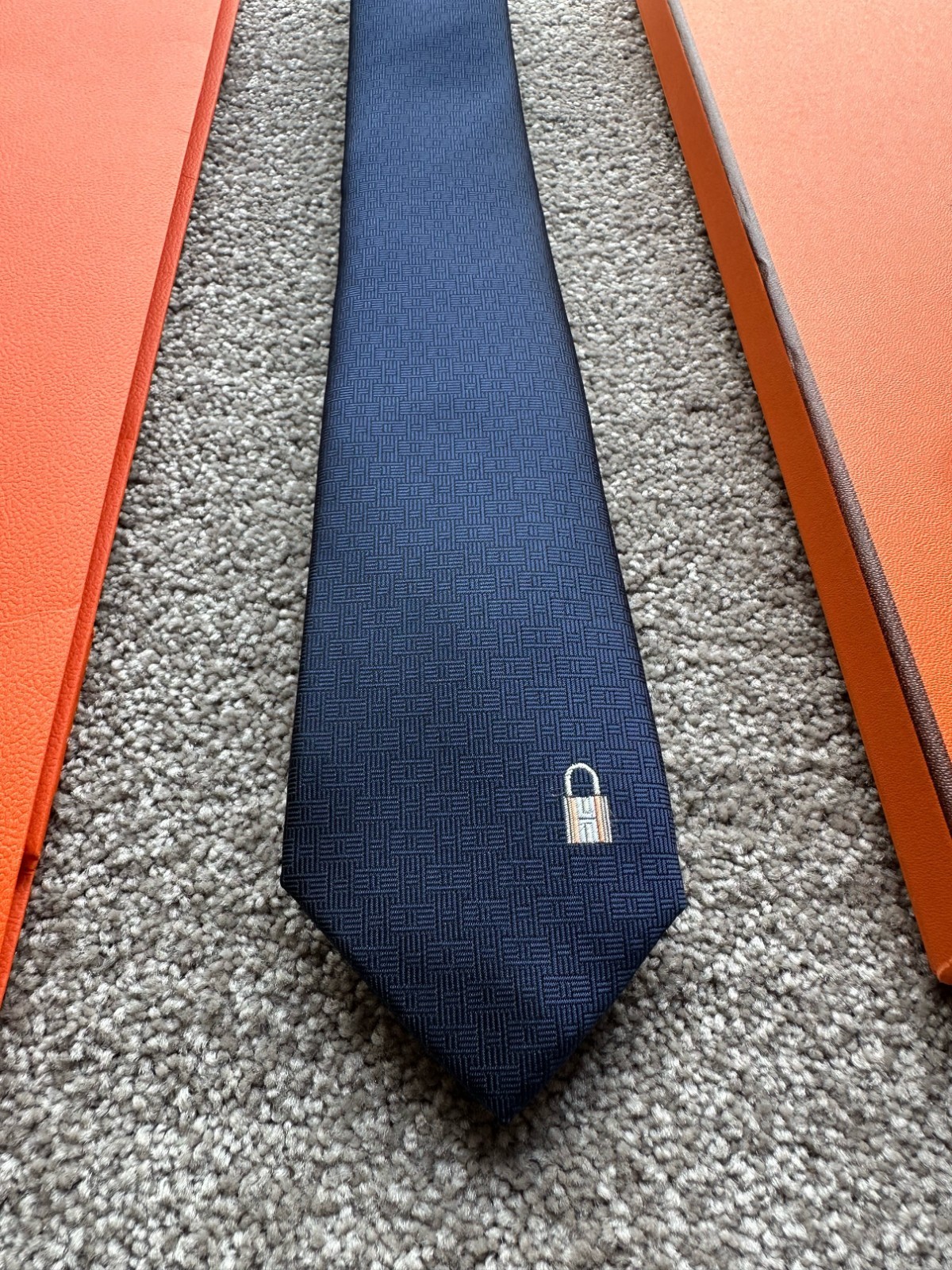 Hermès Paris Navy Blue Micro H Jacquard Silk Tie Kelly Lock Cadenas Padlock