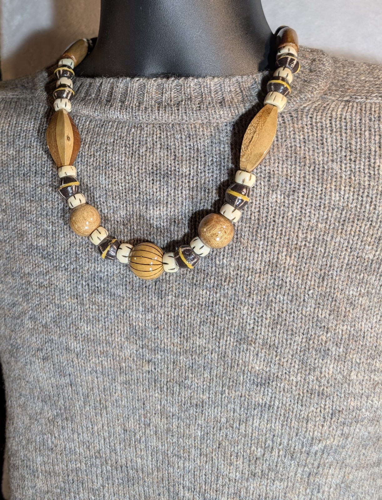 Tribal Wood Bead Necklace, African Krobo Bicone, Bone, Men’s 23in, Earth Tones