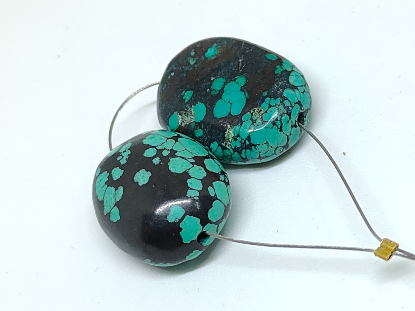 Tibetan Turquoise Oval Beads -Natural Handmade Polished Jewelry Making (2 Beads)