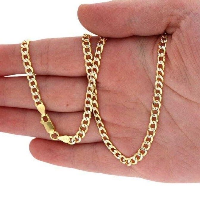 14k Gold Over Silver 4mm Diamond Cut Pave Cuban Curb Chain Necklace 18″-30″
