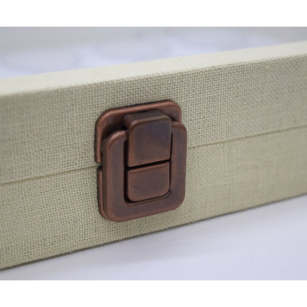 Novel Box Glass Top Linen Metal Clasp Jewelry Display Case With Gem Jar Insert