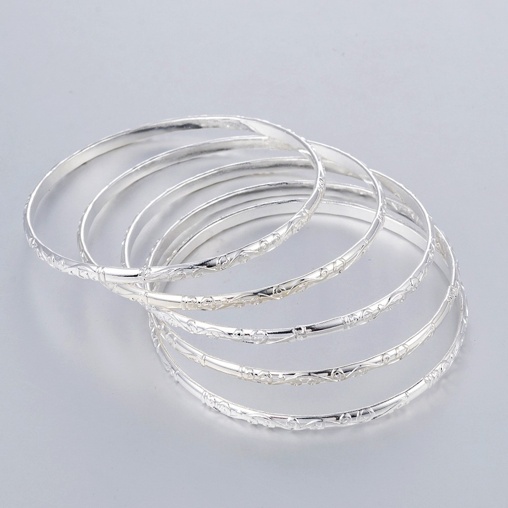 5Pcs 925 Silver Plated Pattern Bracelet Fashion Stacked Band Women’s Bracelet