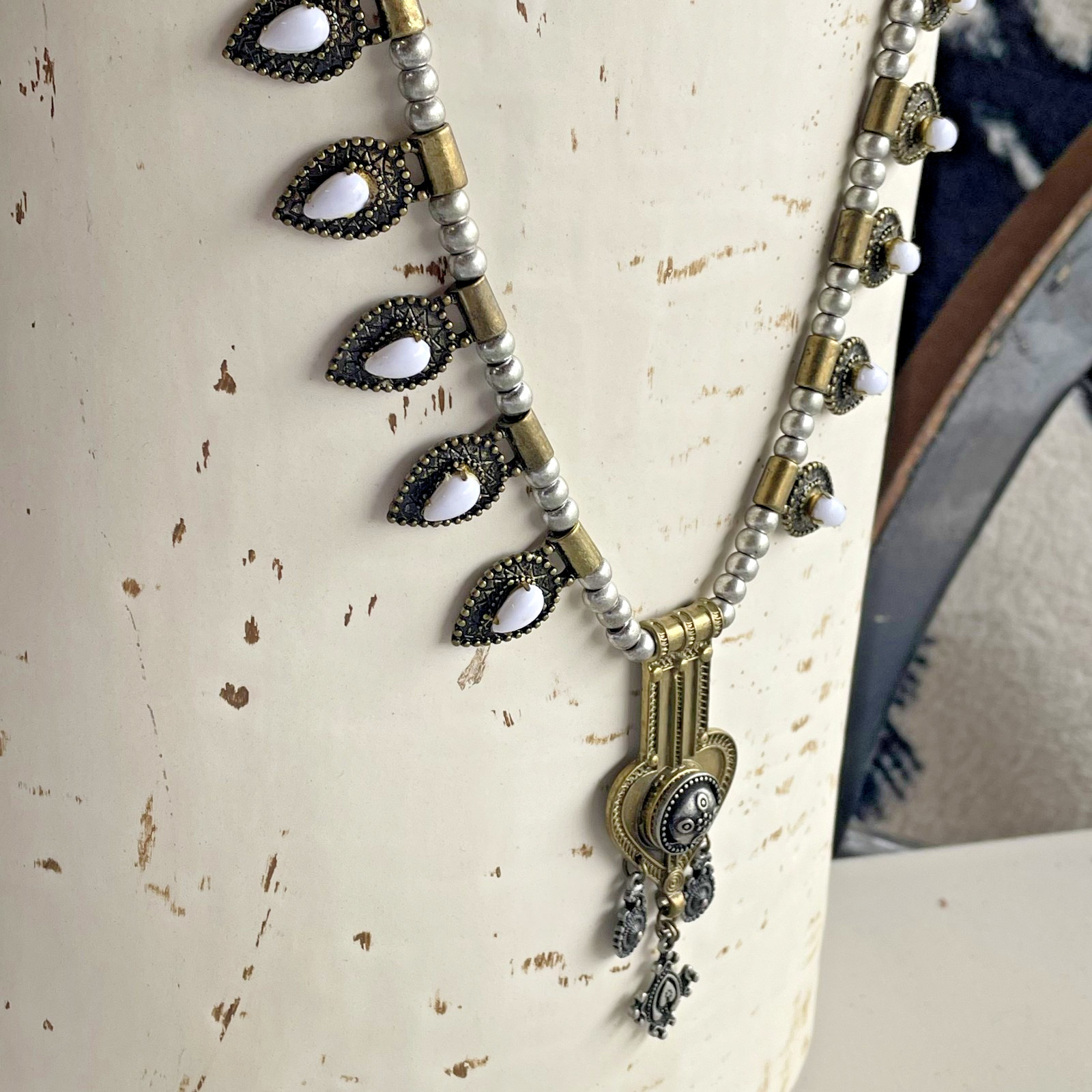 Vintage ELFE Italy White Resin Naja Squash Blossom Statement Pendant Necklace