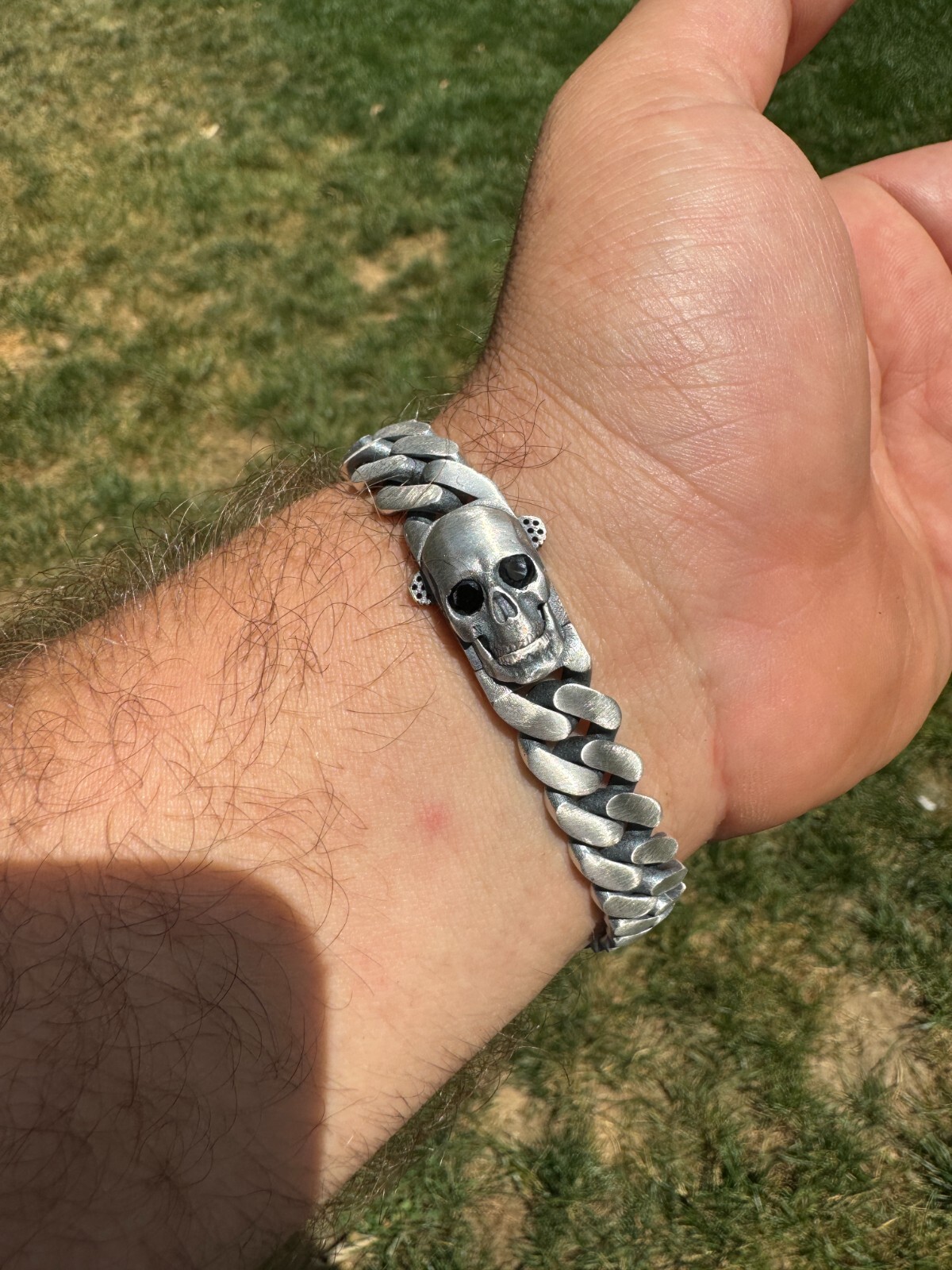Custom Skull Lock Miami Cuban Link Bracelet 12mm Real 925 Silver Oxidized Finish