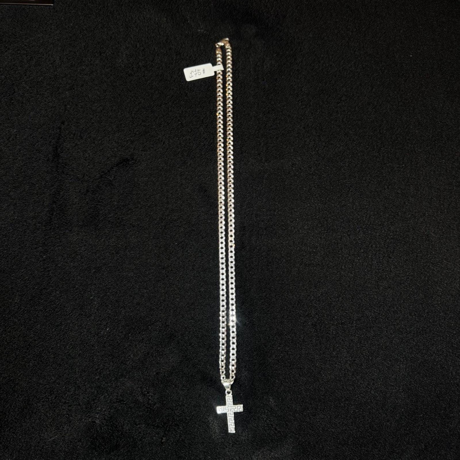 Sterling Silver Greek Key Cross Pendant Necklace 925 Italy Curb Chain 24 Inch