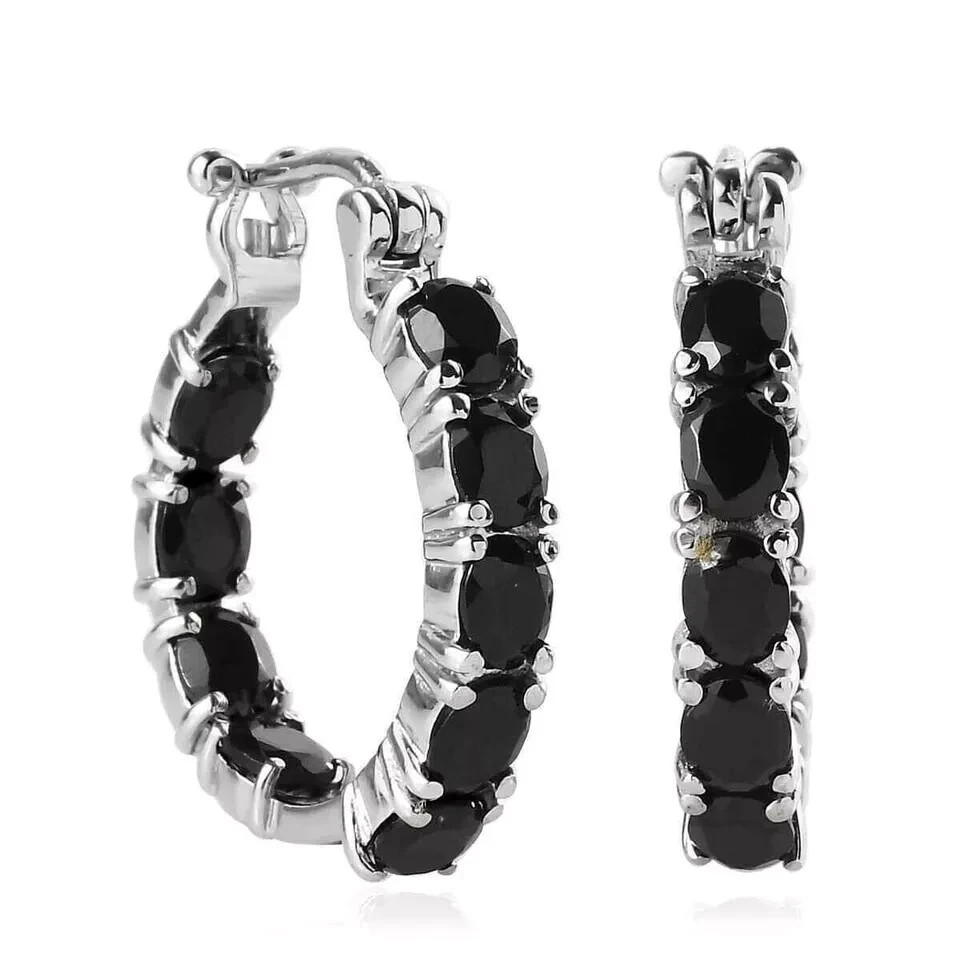 Lab Created Black 3Ct Oval Cut Spinel Huggie Hoop Earrings 14K White Gold Plated
