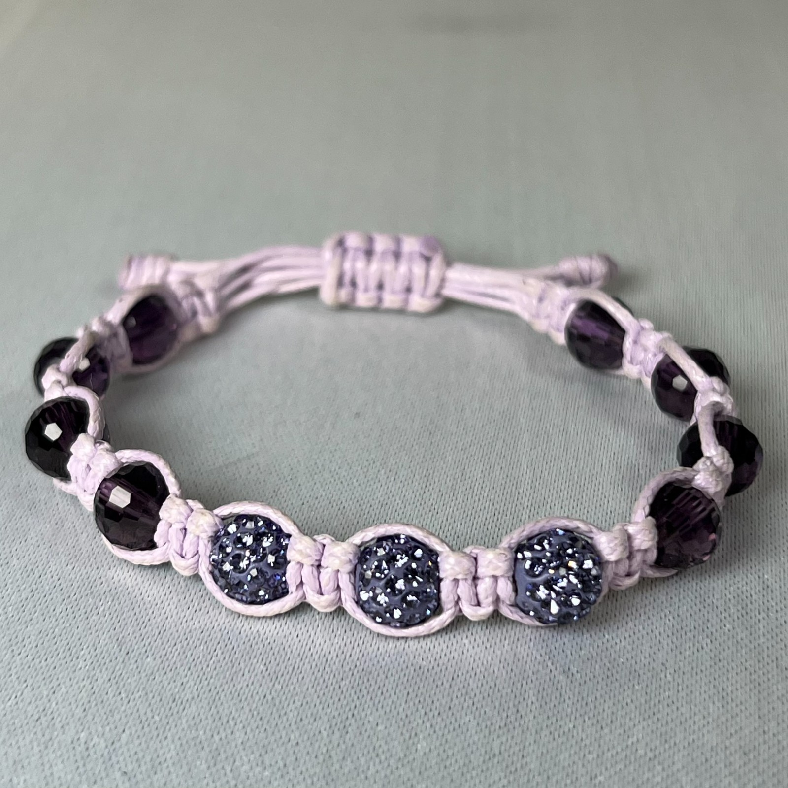 Shamballa Bracelet Set Crystal Pave Beads Macrame Purple & Black Adjustable Pair