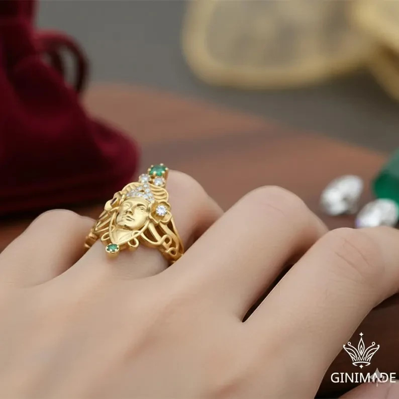 Art Nouveau Gold Goddess Face Ring w/ Emerald & Diamond