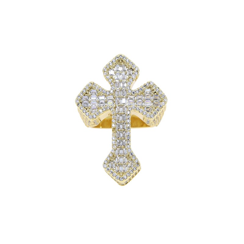 18K Gold Plated Iced CZ Out Cross Ring For Men White Gold Plated Fashion Jewelry