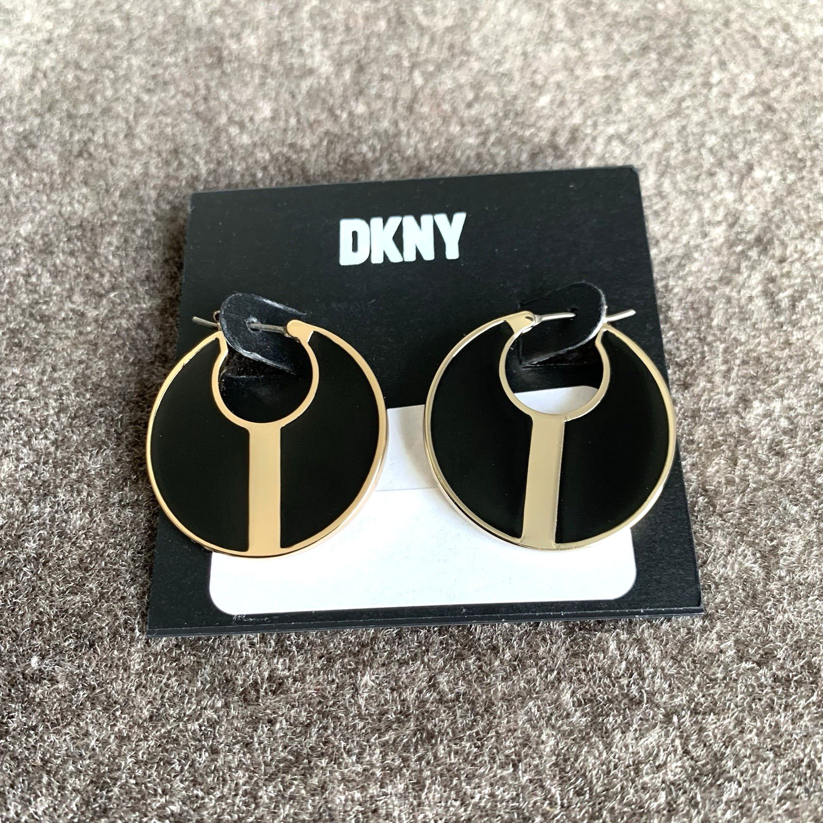 DKNY Gold-Tone Black Flat Disc Circle Drop Earrings Hinged