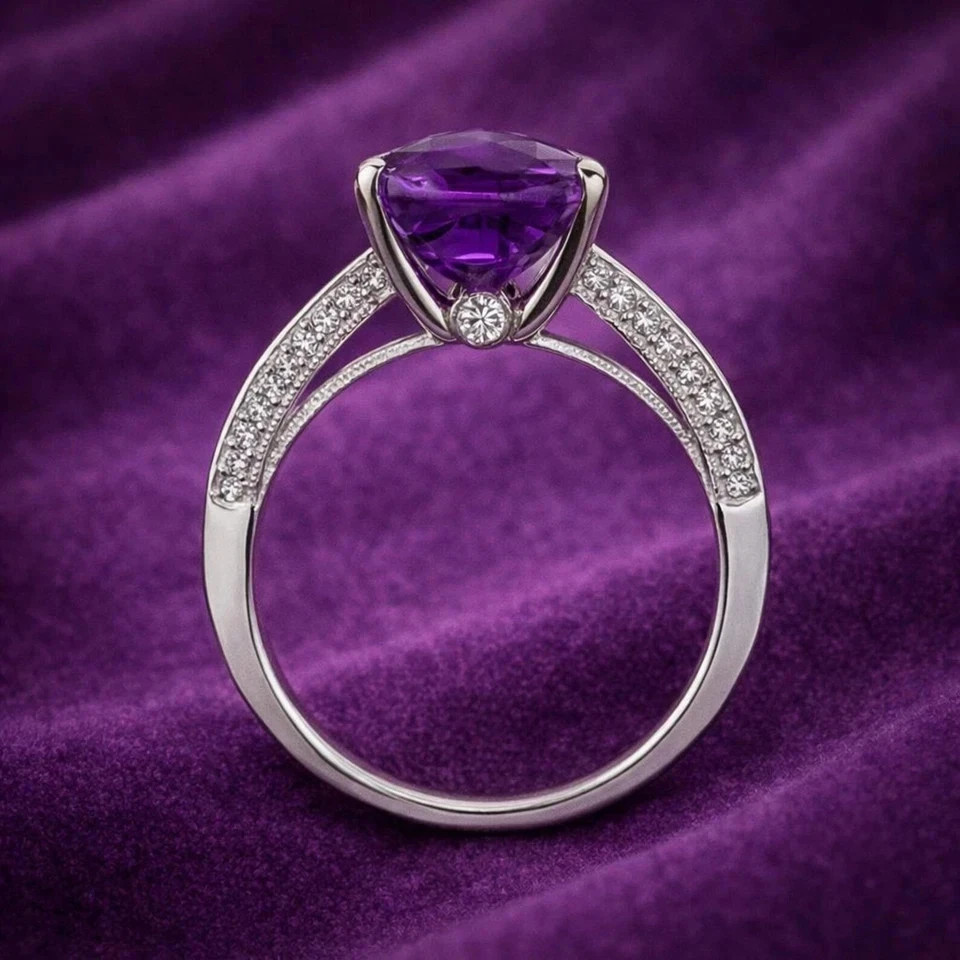 4.50 Ct Cushion Cut Natural Amethyst Diamond Wedding Ring 14K White Gold 6 7 8