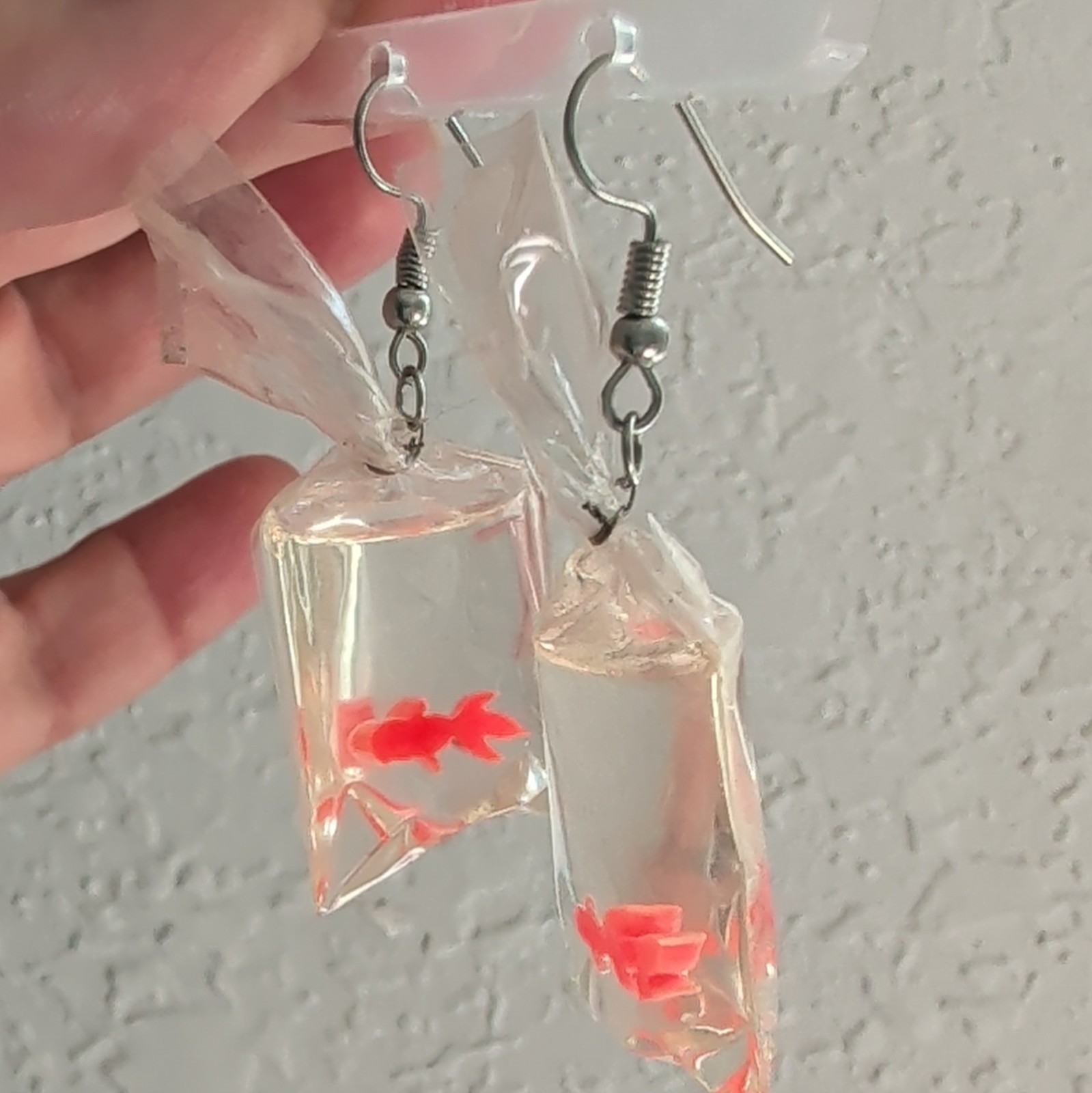 Clear & Orange Plastic Goldfish-in-a-Bag Dangle Hook Earrings Animal Theme