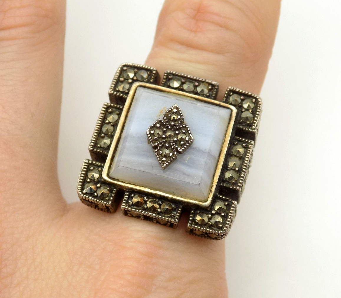 Art Deco Inspired Sterling Silver Blue Lace Agate Marcasite Ring Sz 6 Signed MLD