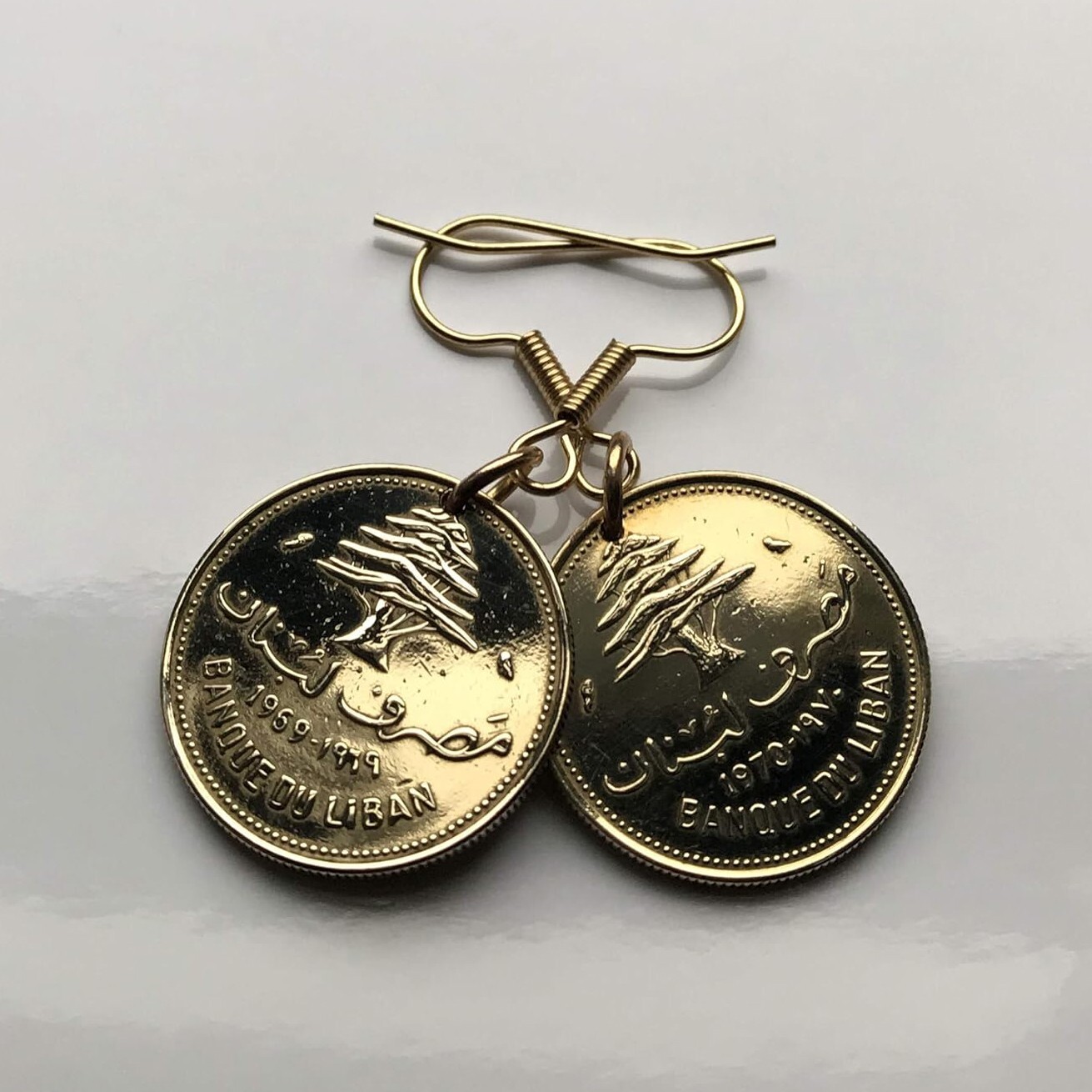 Lebanon Liban 10 Piastres coin earrings cedar tree Beirut Tripoli Baabda e000142