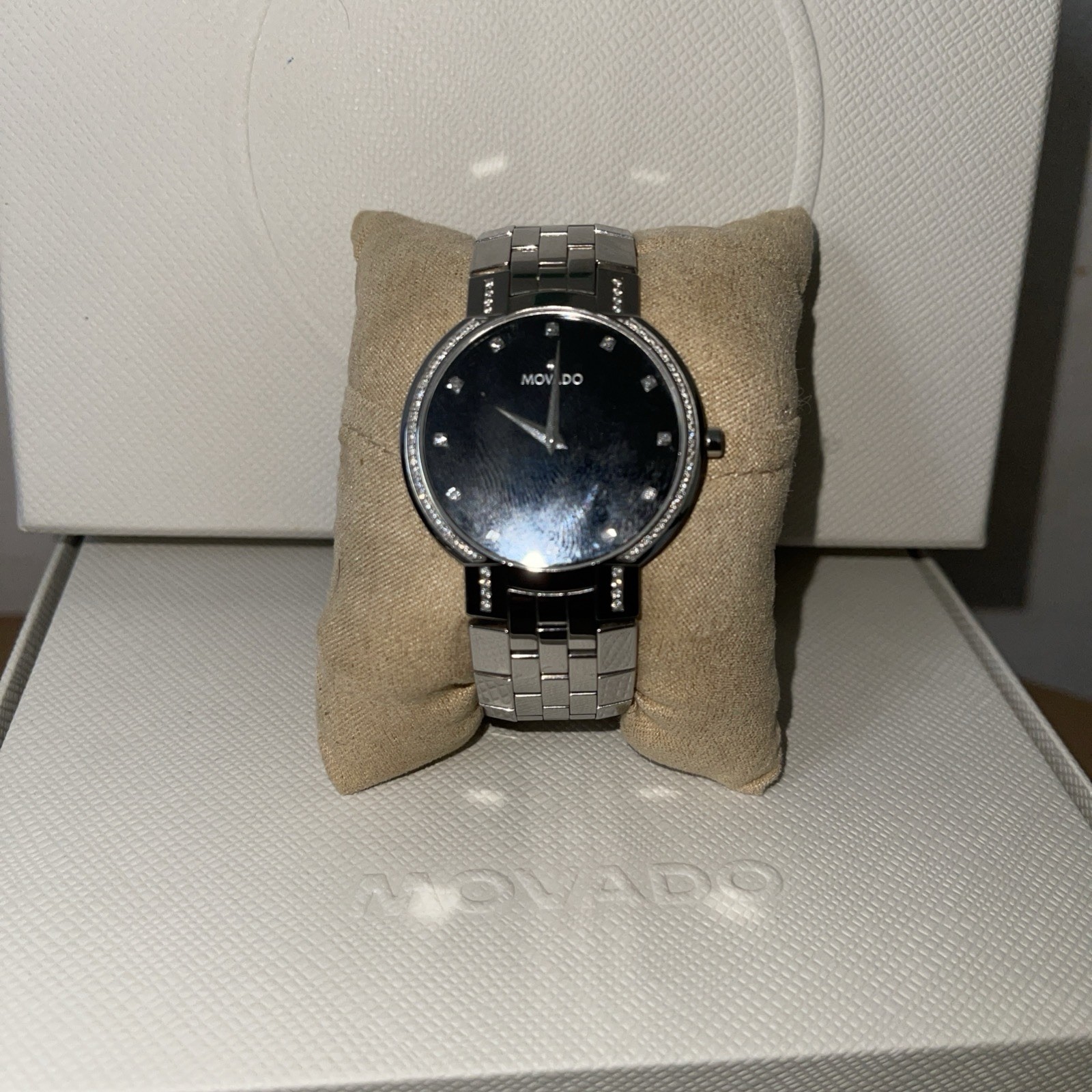Womens Movado Faceto Black Dial Stainless Steel With Diamonds