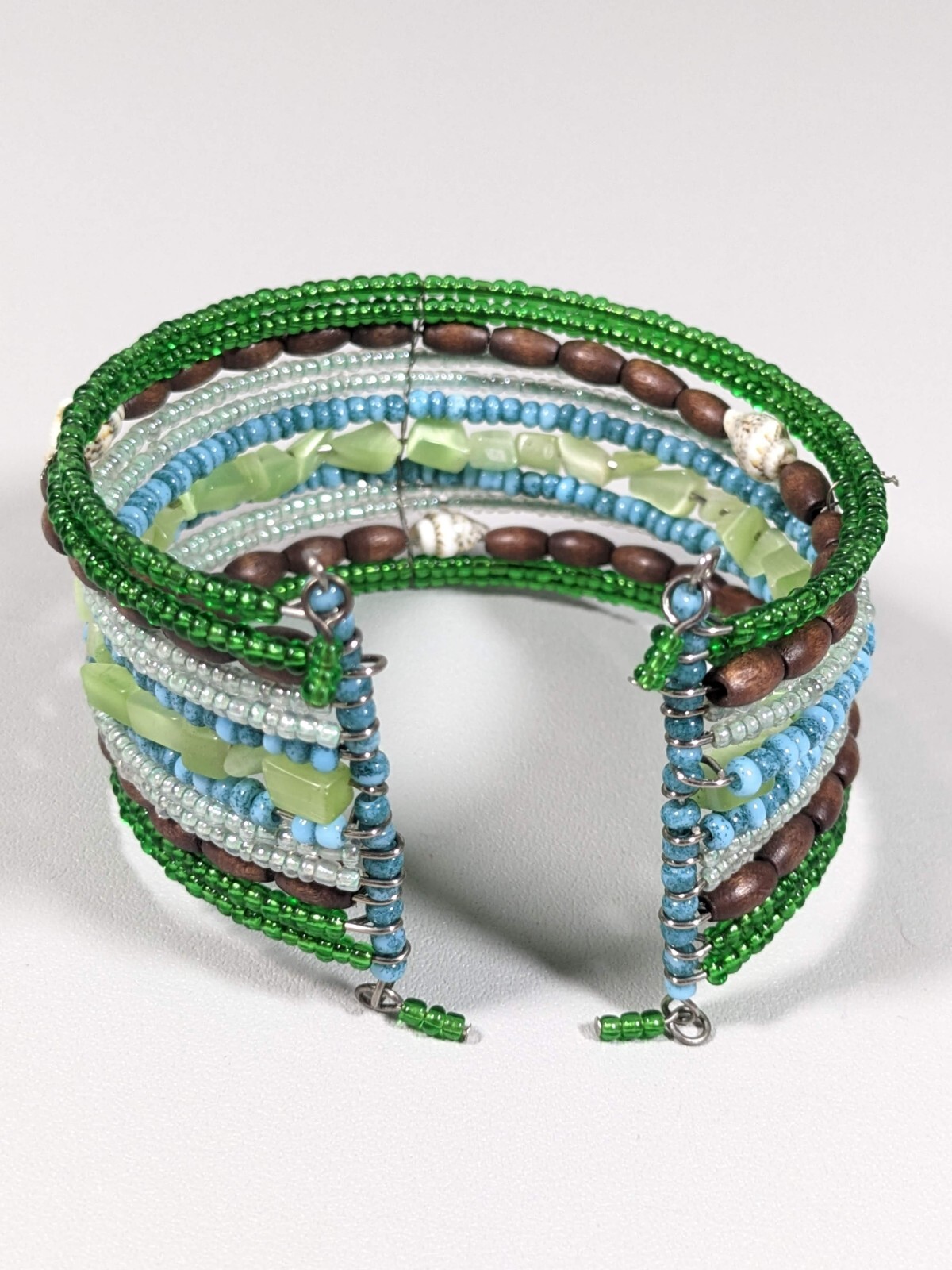 Green Blue Glass Brown Wood Shell Wide Open Cuff Bracelet 7.25 inches