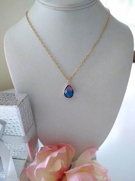 Faceted Purple & Blue Glass Teardrop Gold Chain Necklace, Minimalist Dainty