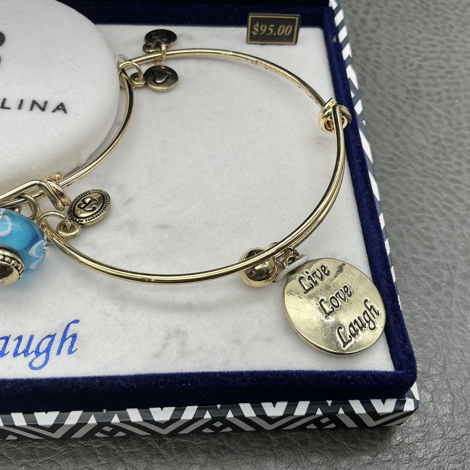 Bella Perlina Bracelet Set Gold Tone Blue Glass Charm Live Love Laugh Womens
