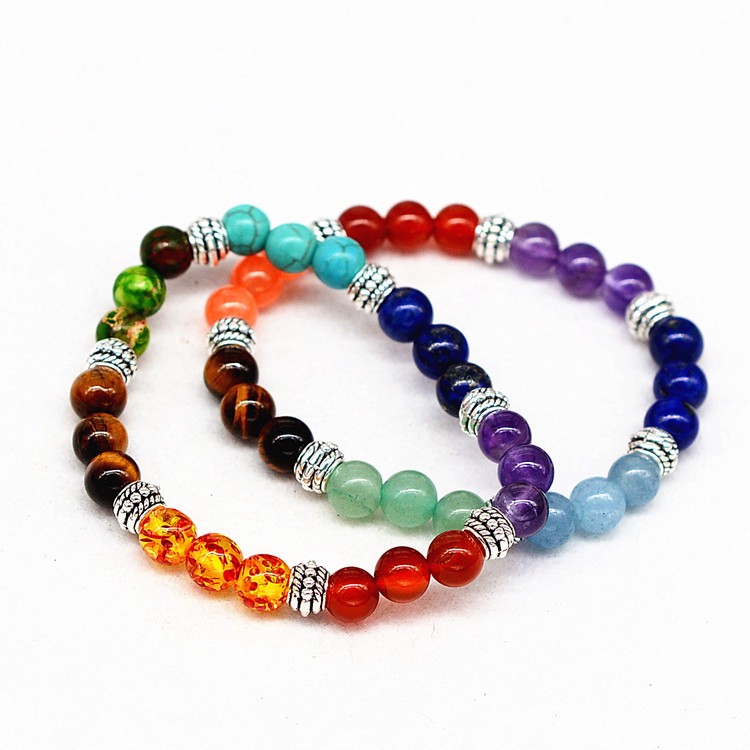 Reiki ancient silver natural stone agate tiger colorful crystal bracelet seven c