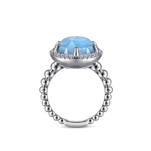 Gabriel & Co SS Oval Rock Crystal & Turquoise Signet Ring W/White Sapphire Halo