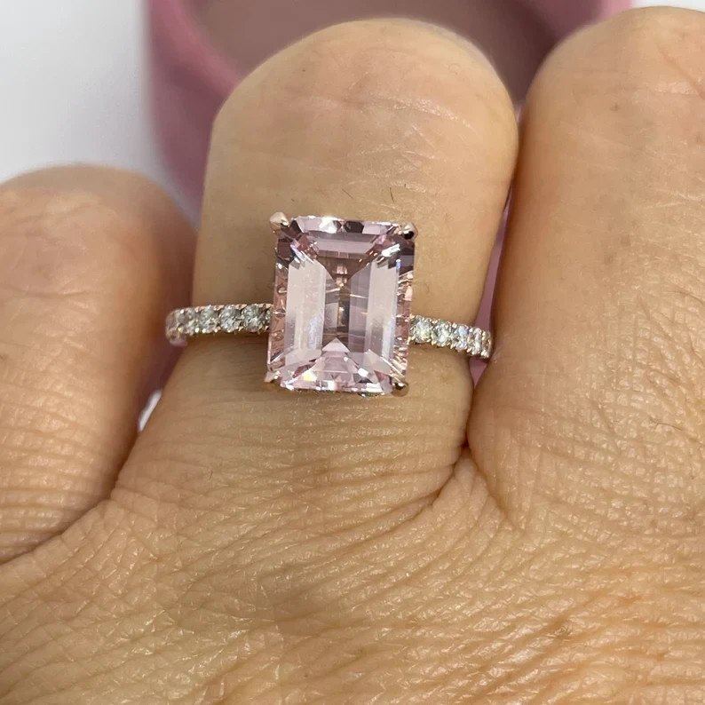 2.30Ctw Emerald Cut Lab-Created Morganite Engagement Ring 14K Rose Gold Plated