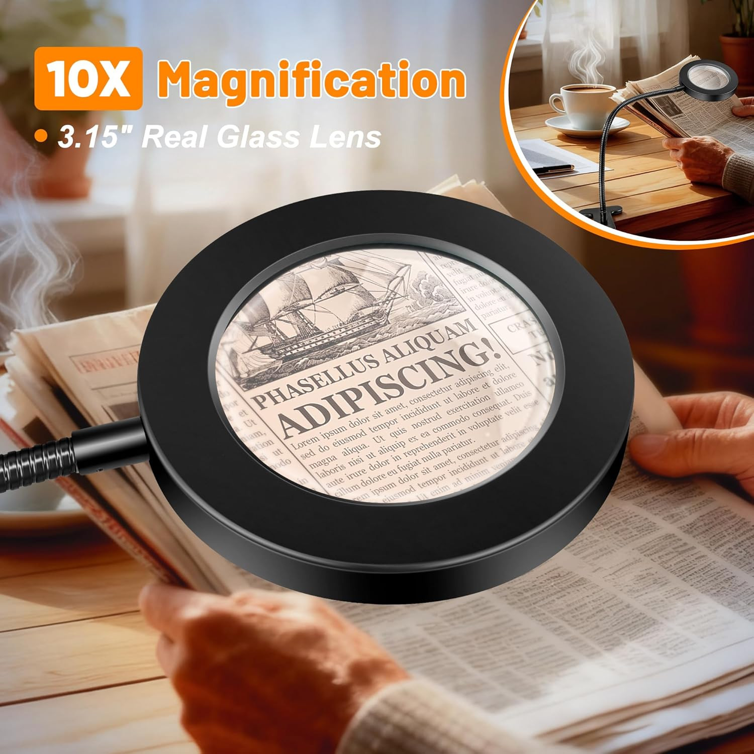 10X Magnifying Glass with Light for Crafts, 3 Color+9 Brightness | Hands Free, F