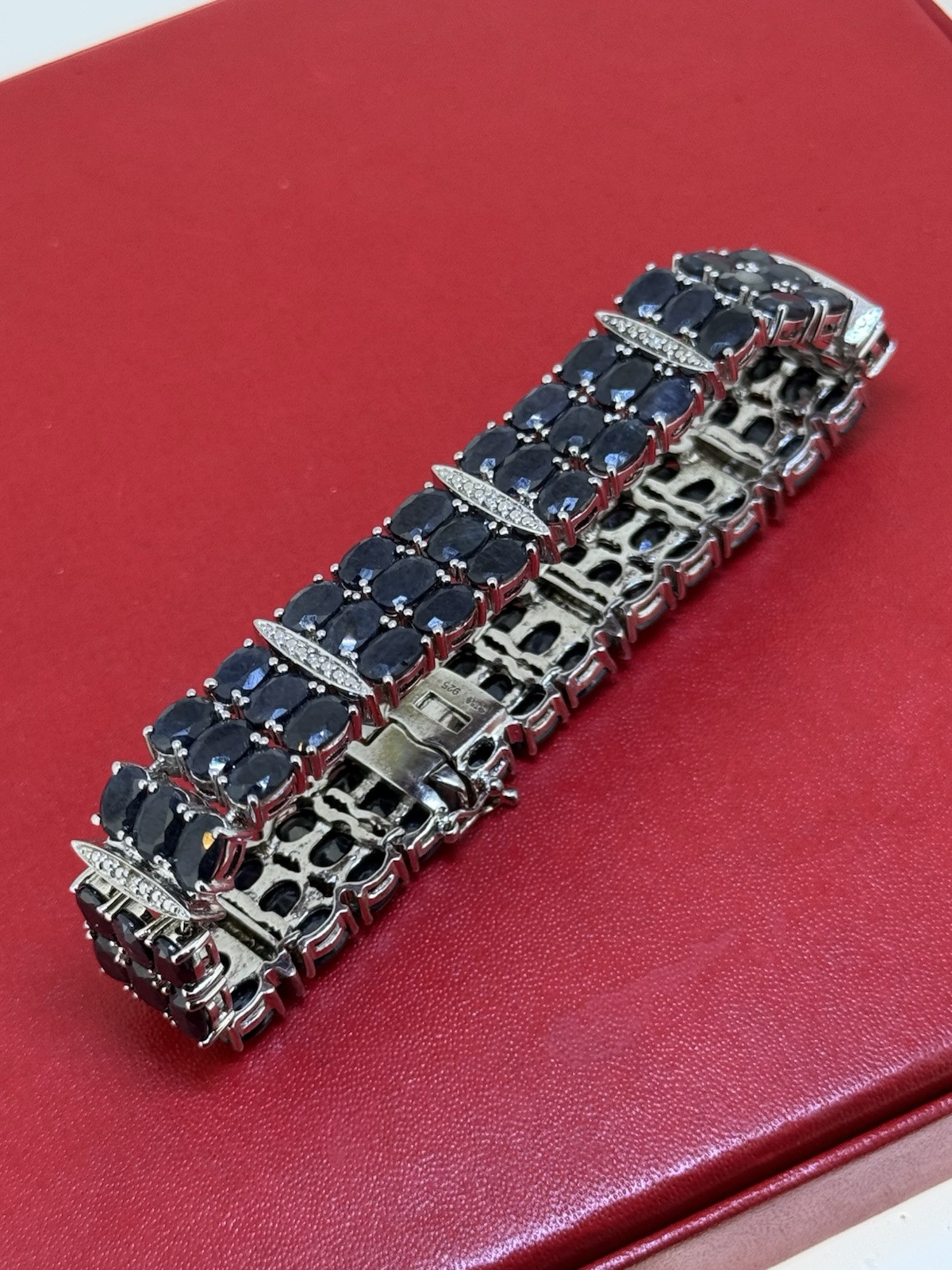 Vintage SJM Sterling Silver Blue Sapphire & Diamond Bracelet 7.5 Inch Long
