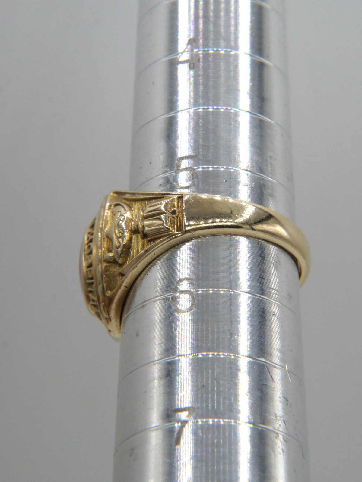 Antique 1931 10K Gold Lab Created Flame Fusion Ruby, Lancaster Hospital Ring