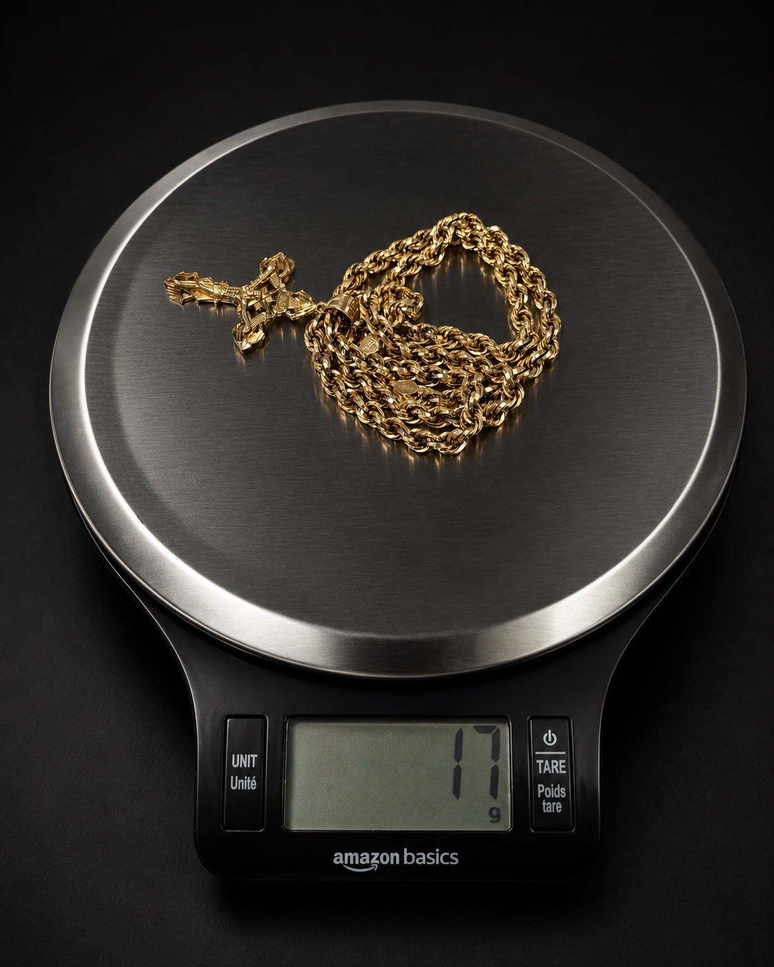 10K GOLD ROPE CHAIN 5mm 22 inches, 10K Diamond Cut Large Cross Pendant. 17 grams