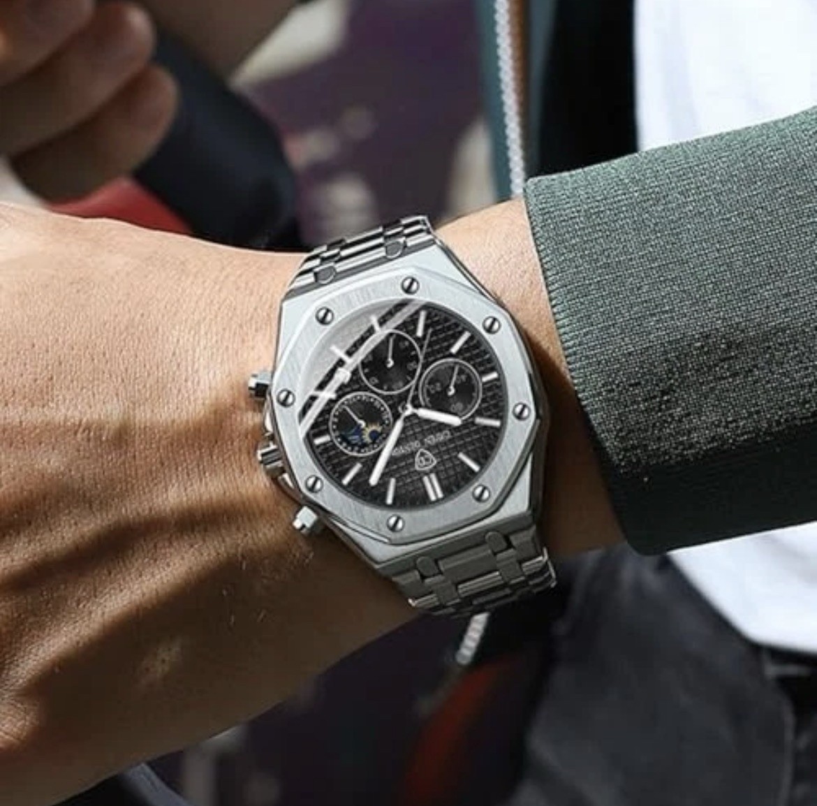 Luxury Men’s Watches Octagonal Classic Business Watches for Men Silver – Black