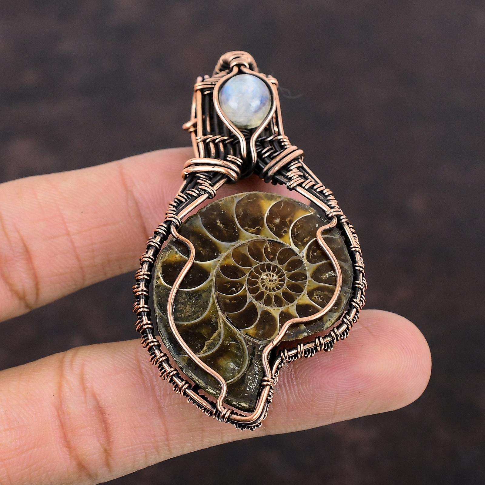 Copper Ammonite Fossil Stone Rainbow Moonstone Unique New Wire Wrapped Pendant