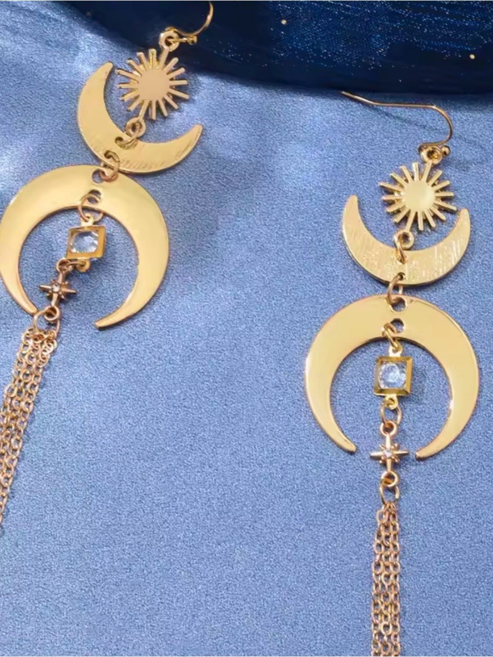 New Bohemian Gold Celestial Moon & Star Drop Earrings with Moonstone Accent